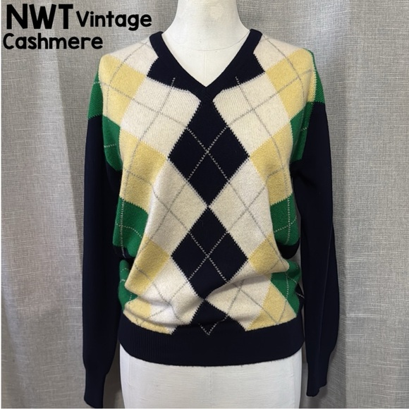 NWT Vintage Cashmere V-Neck Sweater-Wmns Euro 38-Navy Yellow Green Argyle Print - Picture 1 of 16
